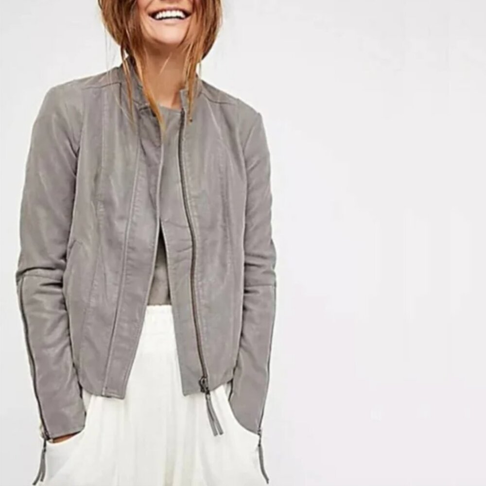 Free People Cool & Clean Gray Vegan Faux-Suede Moto Jacket Size 8
